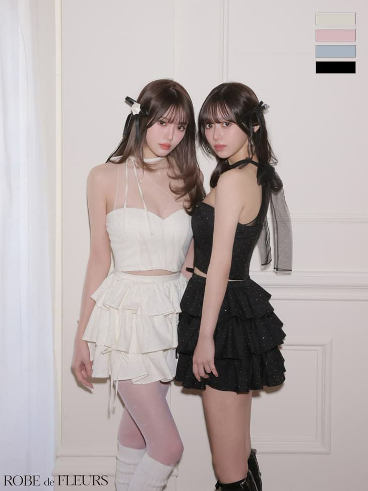 ROBE de FLEURS ローブドフルール 【XSサイズあり】 ストーンワンショルティアードツーピースミニキャバドレス fm4152-c