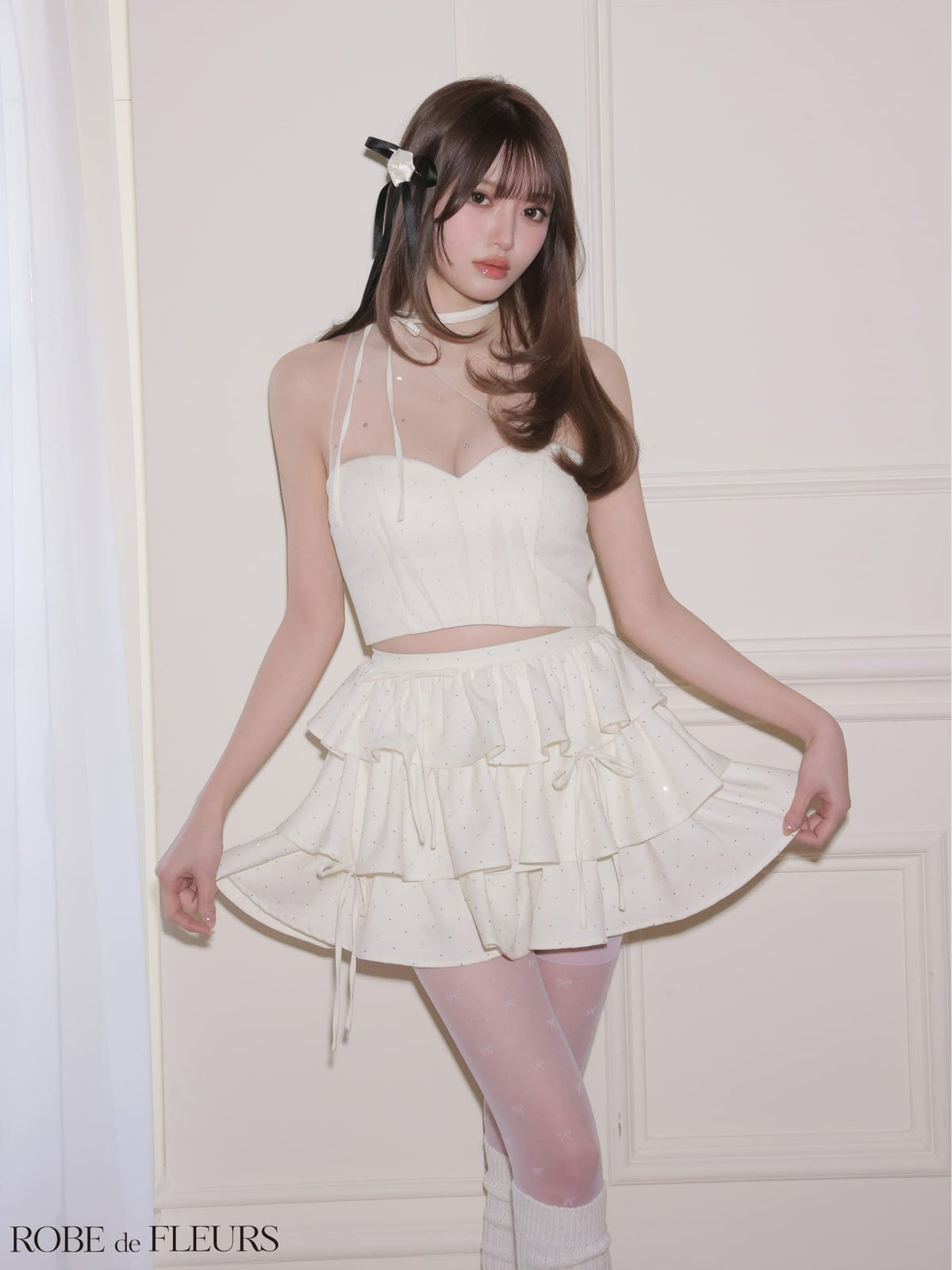 ROBE de FLEURS ローブドフルール 【XSサイズあり】 ストーンワンショルティアードツーピースミニキャバドレス fm4152-c