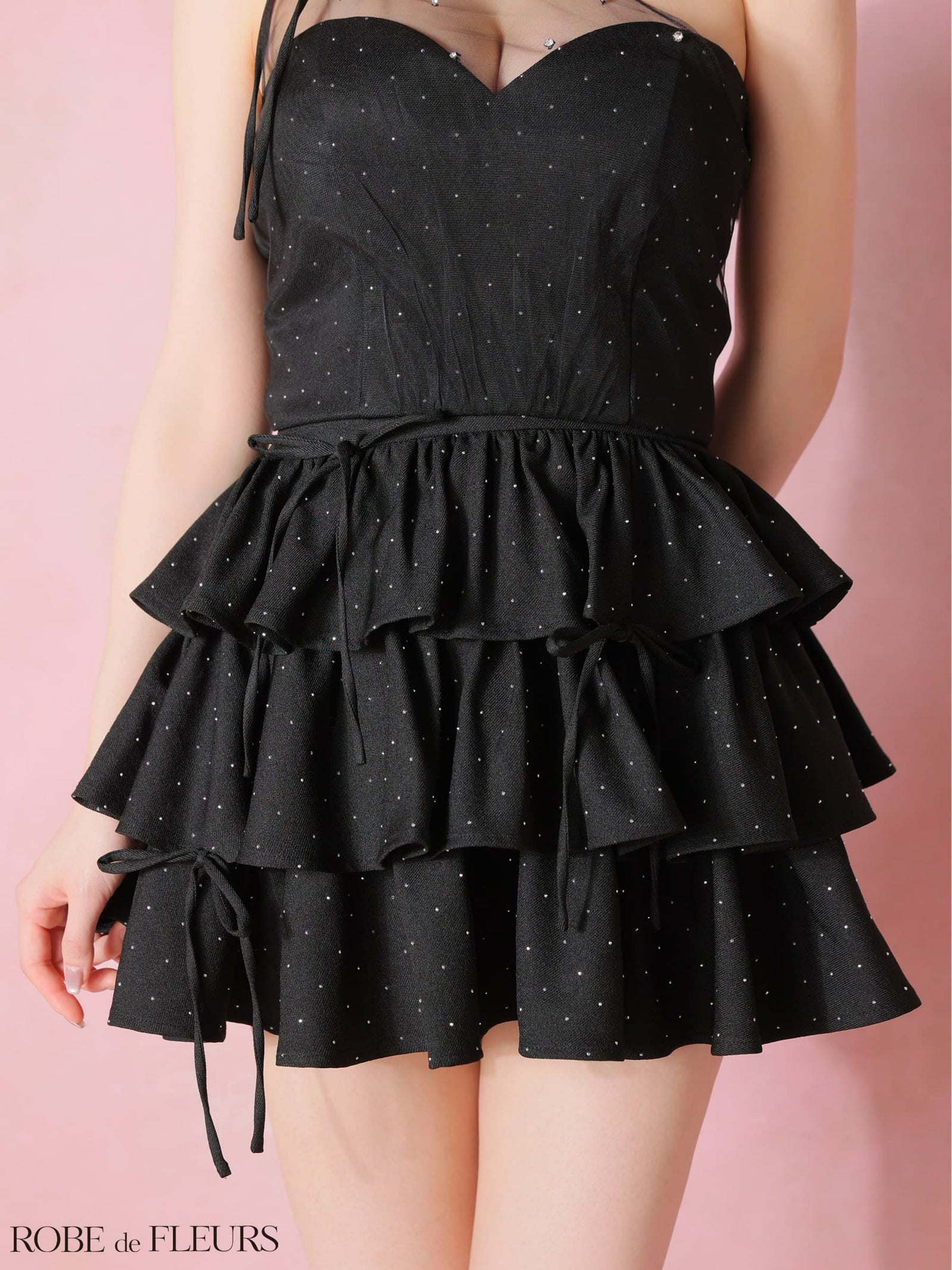 ROBE de FLEURS ローブドフルール 【XSサイズあり】 ストーンワンショルティアードツーピースミニキャバドレス fm4152-c