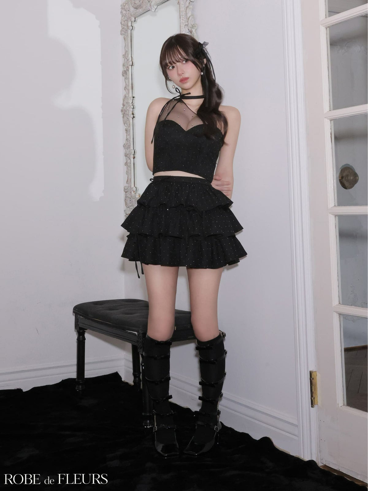 ROBE de FLEURS ローブドフルール 【XSサイズあり】 ストーンワンショルティアードツーピースミニキャバドレス fm4152-c
