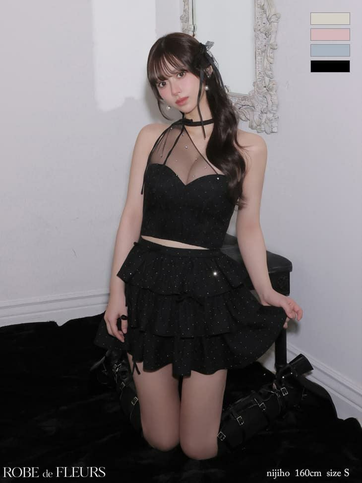 ROBE de FLEURS ローブドフルール 【XSサイズあり】 ストーンワンショルティアードツーピースミニキャバドレス fm4152-c