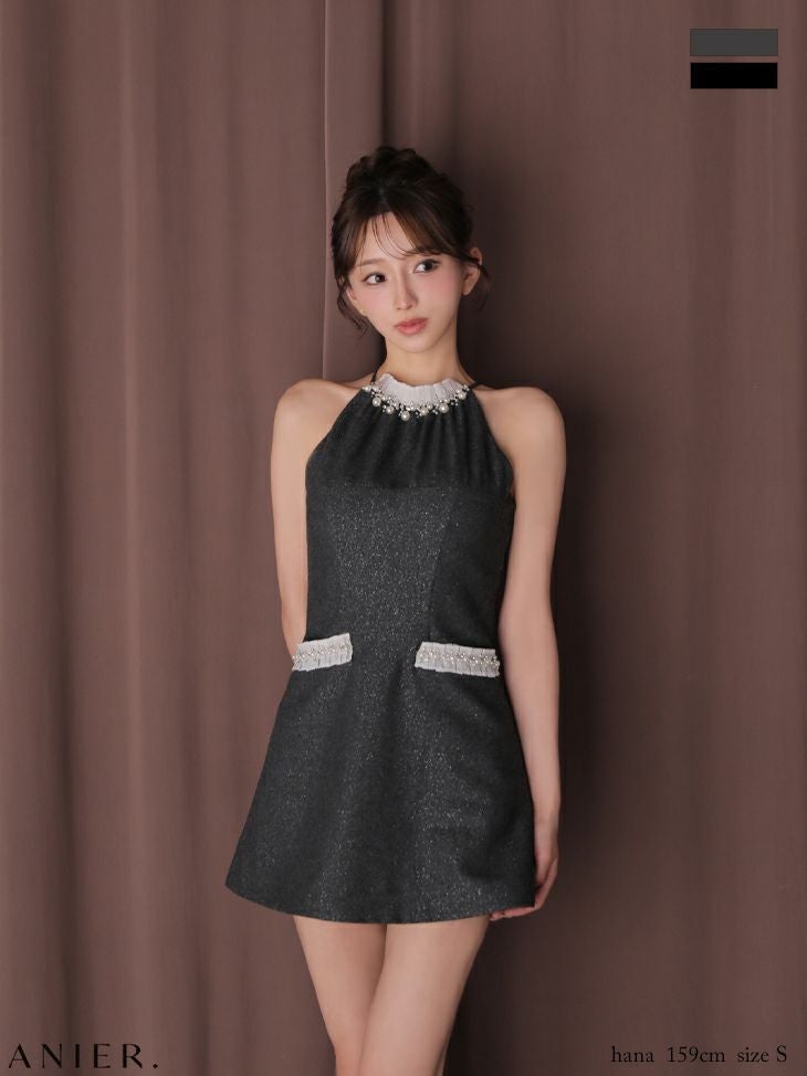 ROBE de FLEURS anier.ROBE ローブドフルール アニエルローブ 【XSサイズあり】 Glitter flannel halter pearl mini dress グリッターフランネルホルターパールミニドレス fm-anier4057