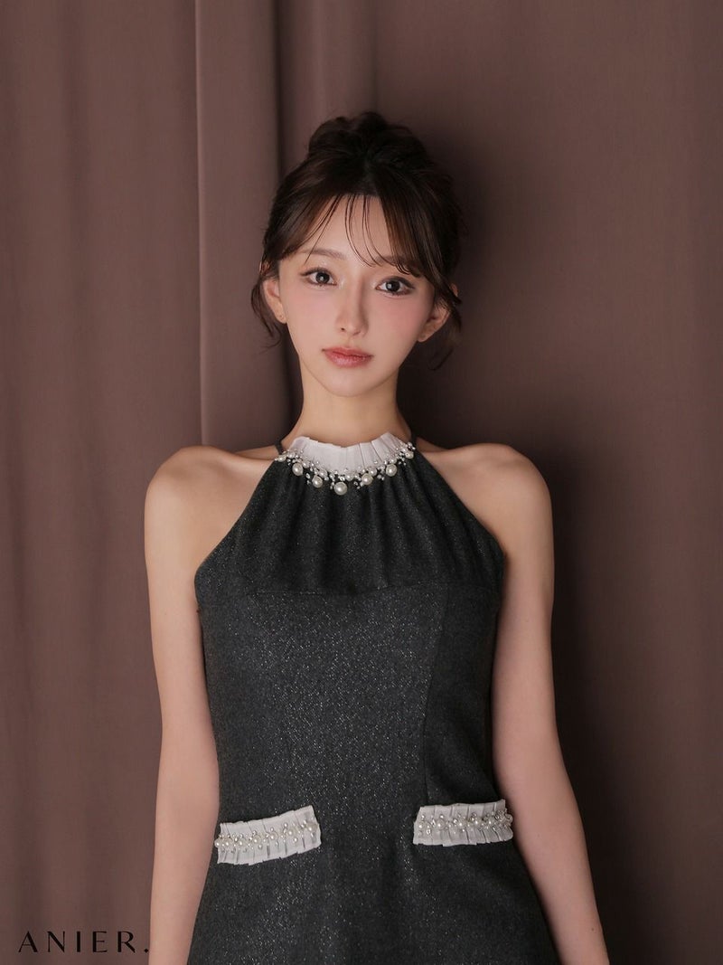 ROBE de FLEURS anier.ROBE ローブドフルール アニエルローブ 【XSサイズあり】 Glitter flannel halter pearl mini dress グリッターフランネルホルターパールミニドレス fm-anier4057