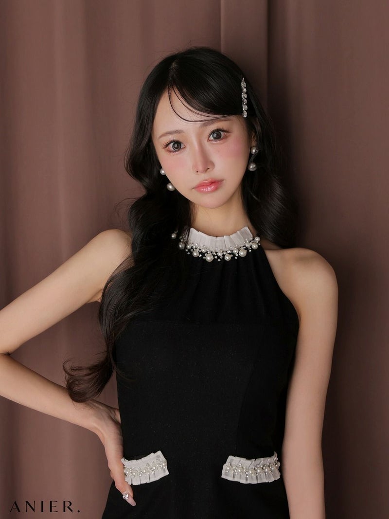 ROBE de FLEURS anier.ROBE ローブドフルール アニエルローブ 【XSサイズあり】 Glitter flannel halter pearl mini dress グリッターフランネルホルターパールミニドレス fm-anier4057