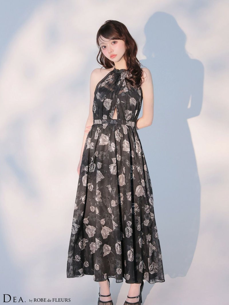 DEA. ディア バイ ローブドフルール 【XS～Lサイズあり】フラワージャガードシフォンホルターネックロングキャバドレス de4642