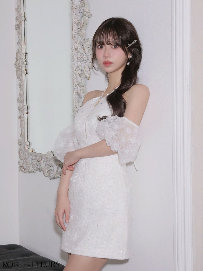 ROBE de FLEURS ローブドフルール 【XSサイズあり】 フラワーレースラメチュールホルタータイトミニキャバドレス fm4404