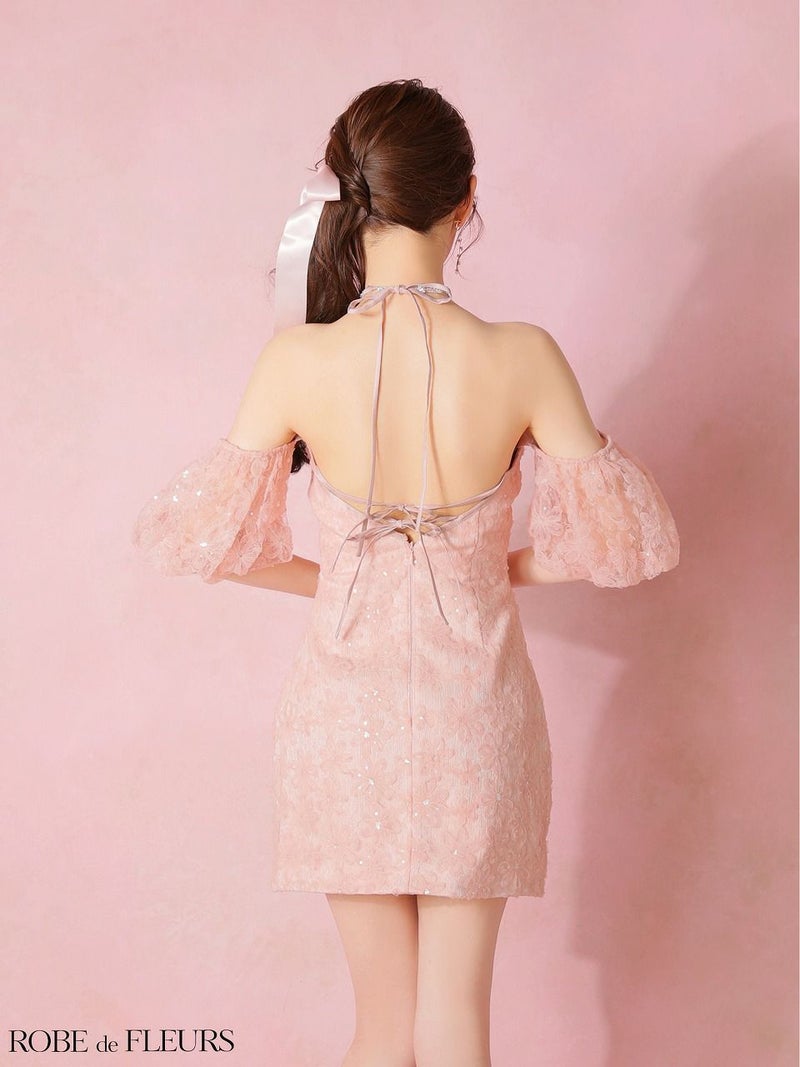ROBE de FLEURS ローブドフルール 【XSサイズあり】 フラワーレースラメチュールホルタータイトミニキャバドレス fm4404