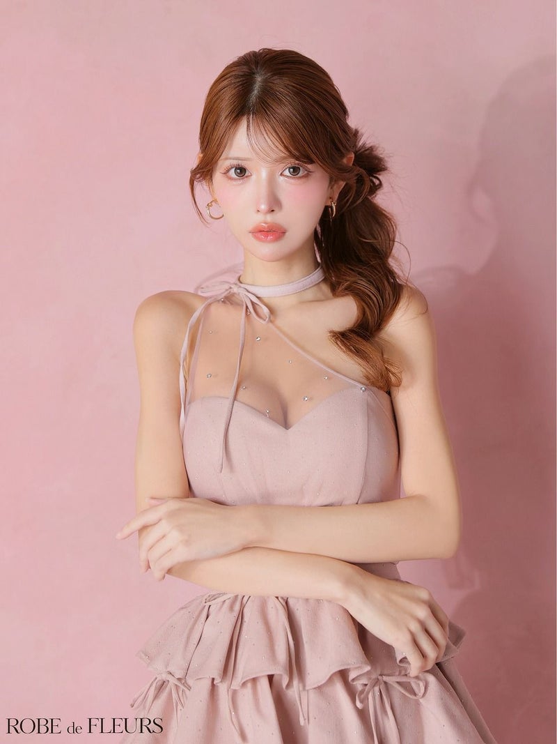 ROBE de FLEURS ローブドフルール 【XSサイズあり】 ストーンワンショルティアードツーピースミニキャバドレス fm4152