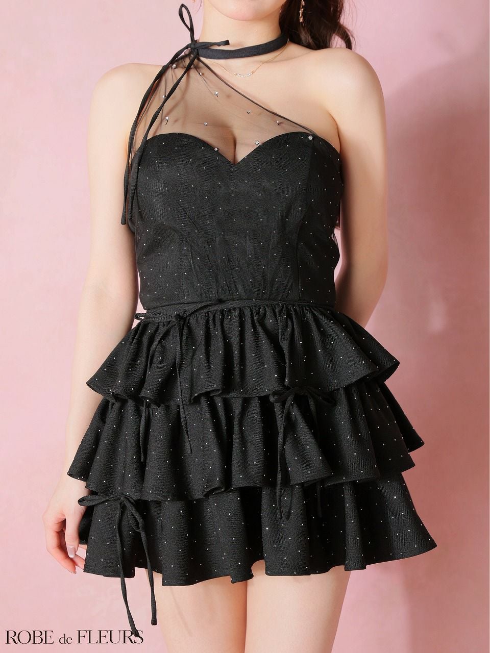ROBE de FLEURS ローブドフルール 【XSサイズあり】 ストーンワンショルティアードツーピースミニキャバドレス fm4152