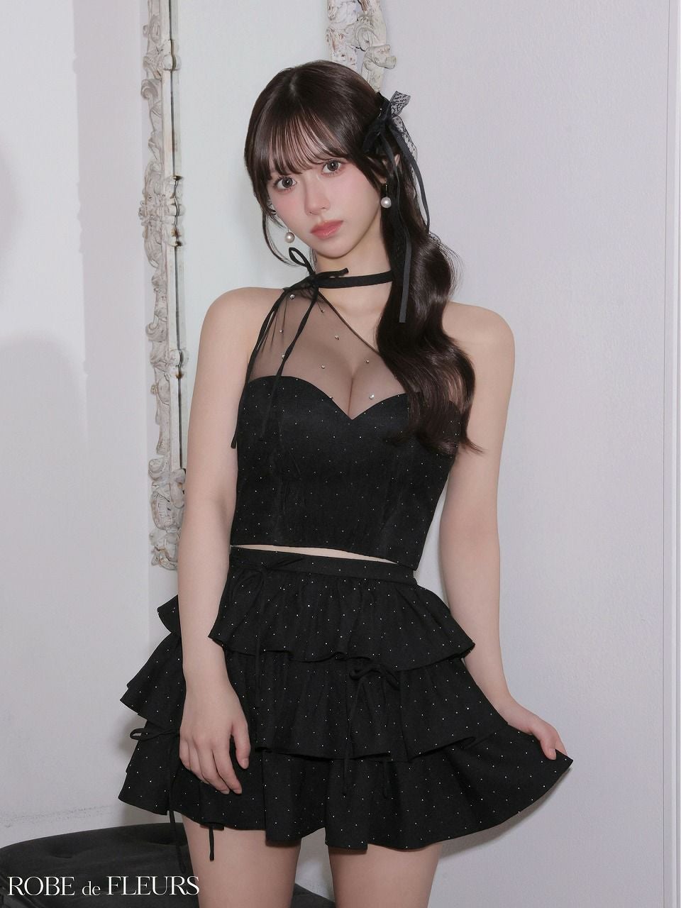 ROBE de FLEURS ローブドフルール 【XSサイズあり】 ストーンワンショルティアードツーピースミニキャバドレス fm4152