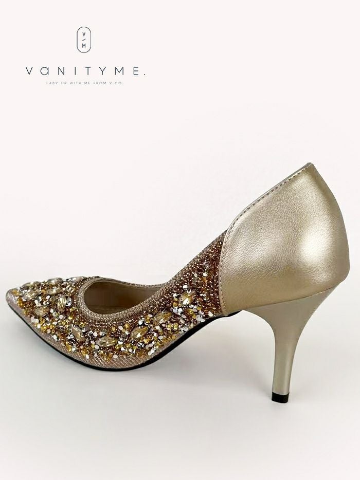 haremode ビジュー ポインテッドトゥ パンプス  ベージュ・ブラック・シルバー vsh-am-3427