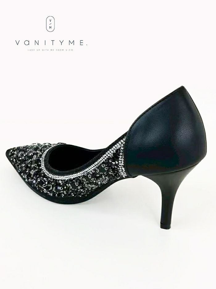 haremode ビジュー ポインテッドトゥ パンプス  ベージュ・ブラック・シルバー vsh-am-3427