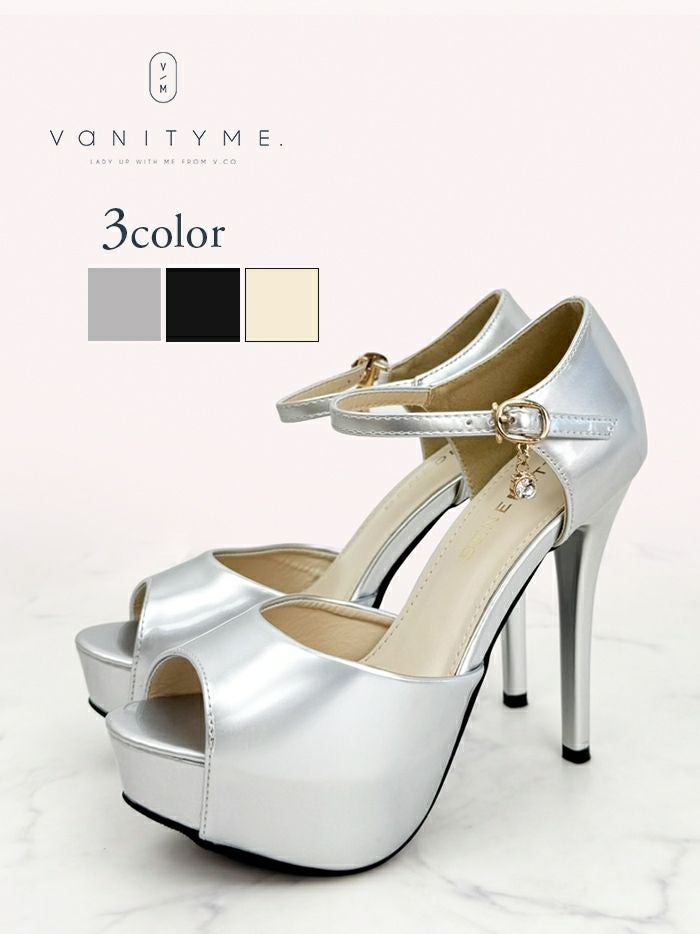 BENEDETTA エナメル オープントゥ ハイヒール ストラップ パンプス  ベージュ・ブラック・シルバー vsh-am-3428