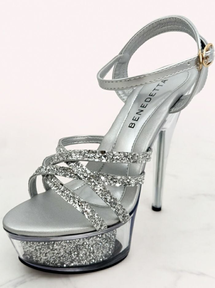 BENEDETTA グリッターラメ ハイヒール ストラップ サンダル  シルバー・ホワイト vsh-am-3429