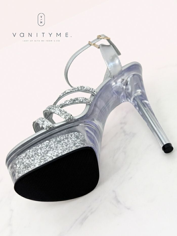 BENEDETTA グリッターラメ ハイヒール ストラップ サンダル  シルバー・ホワイト vsh-am-3429