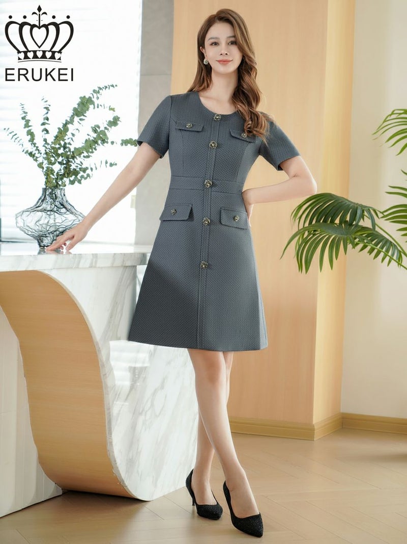 ERUKEI エルケイ グレー 半袖・Aライン・お花ボタン・ミニドレス・ワンピース ek-e2618-6