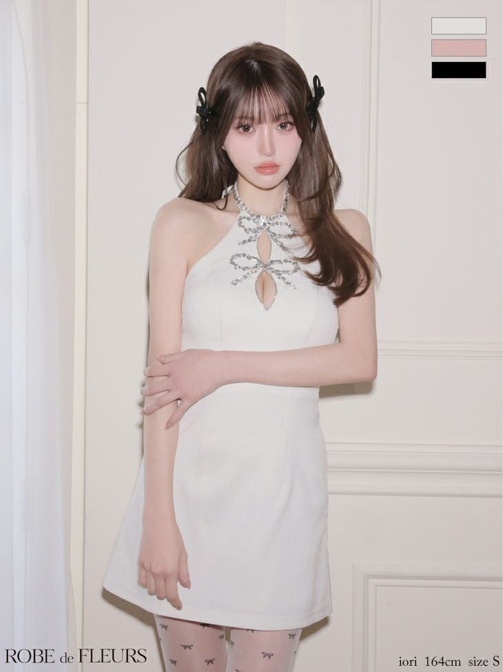 ROBE de FLEURS ローブドフルール 【XSサイズあり】 ツイードビジューリボンホルターミニキャバドレス fm4163