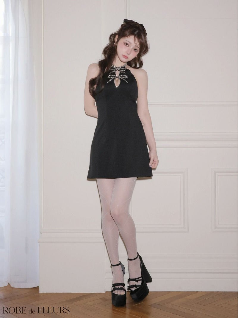 ROBE de FLEURS ローブドフルール 【XSサイズあり】 ツイードビジューリボンホルターミニキャバドレス fm4163