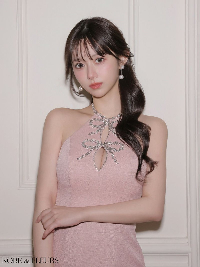 ROBE de FLEURS ローブドフルール 【XSサイズあり】 ツイードビジューリボンホルターミニキャバドレス fm4163