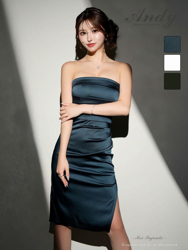 Andy アンディ サテン ベアトップ シンプル ワンカラー スリット入り タイト ミディアムドレス an-on3054