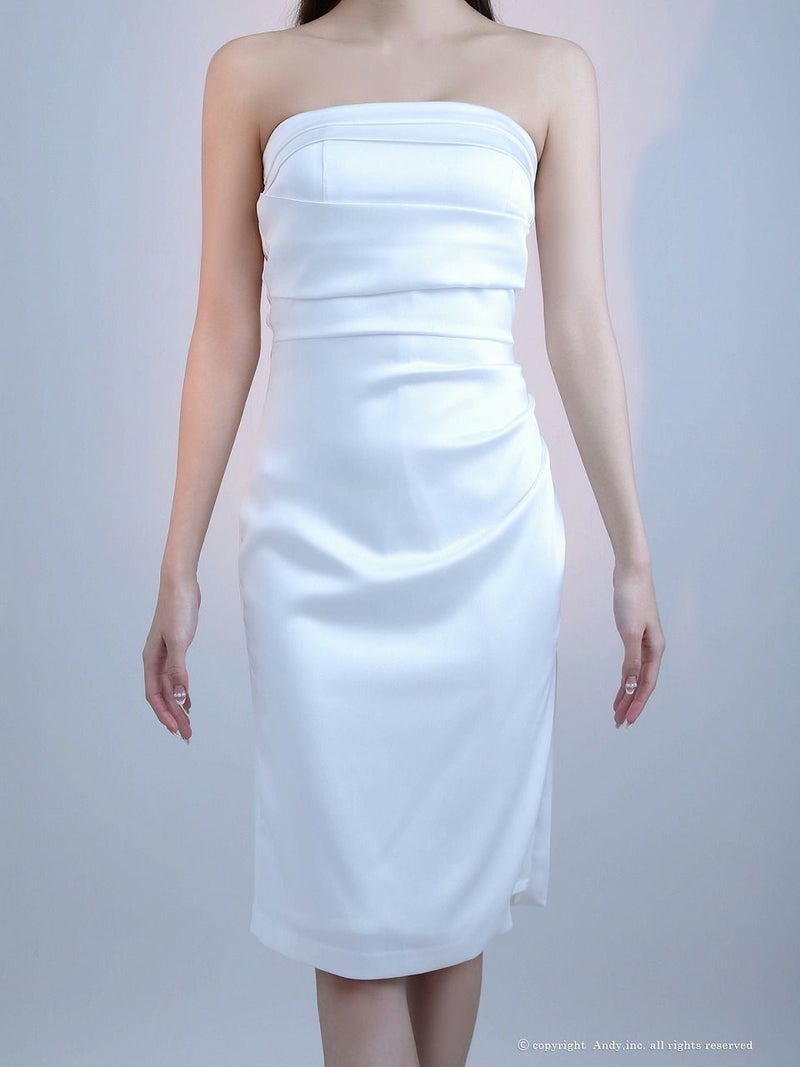 Andy アンディ サテン ベアトップ シンプル ワンカラー スリット入り タイト ミディアムドレス an-on3054