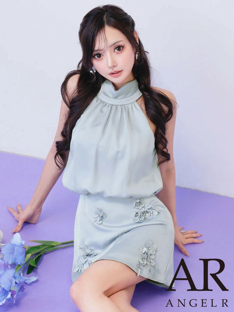 AngelR エンジェルアール スタンドネックフラワーレースサテンウエストマークAラインフレアマイクロミニドレス ar26803-ks