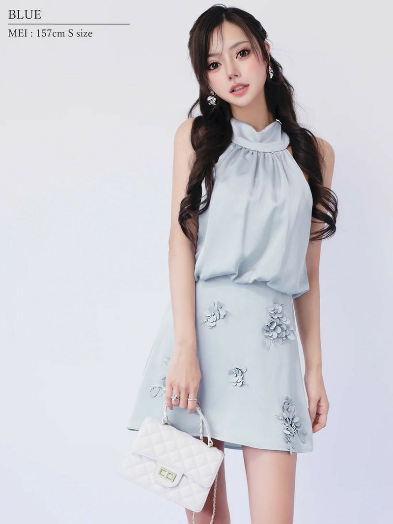 AngelR エンジェルアール スタンドネックフラワーレースサテンウエストマークAラインフレアマイクロミニドレス ar26803-ks