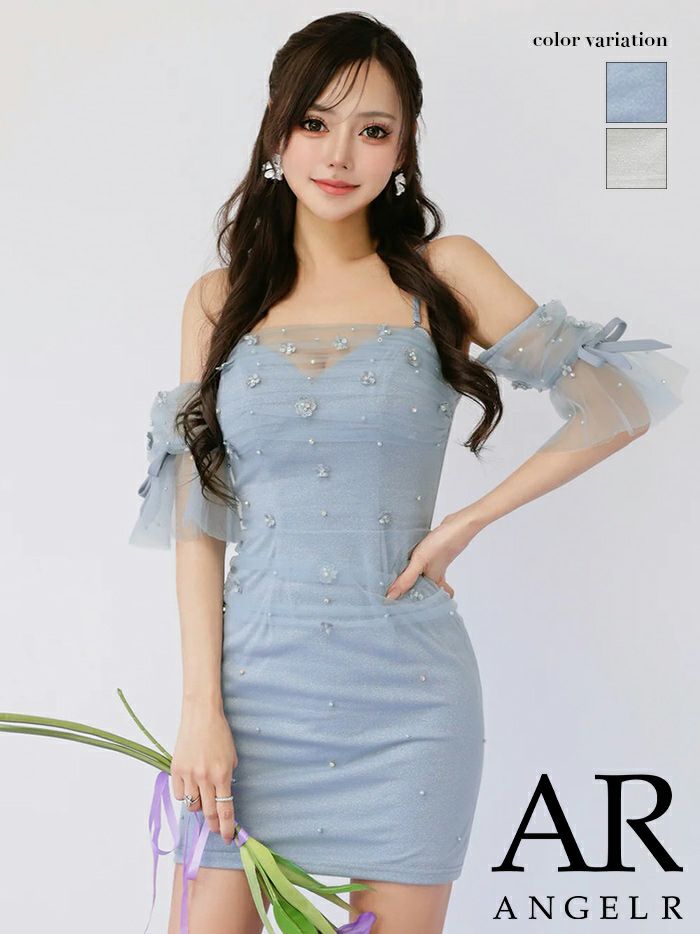 AngelR エンジェルアール ベアトップフレアスリーブフラワーメッシュリボンタイトミニドレス ar26306-ks