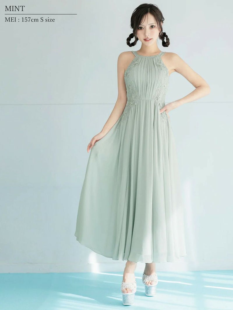 AngelR エンジェルアール ホルターネックフラワーレースリボンプリーツビジューフレアミモレ丈ロングドレス ar26807-ks