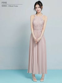 AngelR エンジェルアール ホルターネックフラワーレースリボンプリーツビジューフレアミモレ丈ロングドレス ar26807-ks