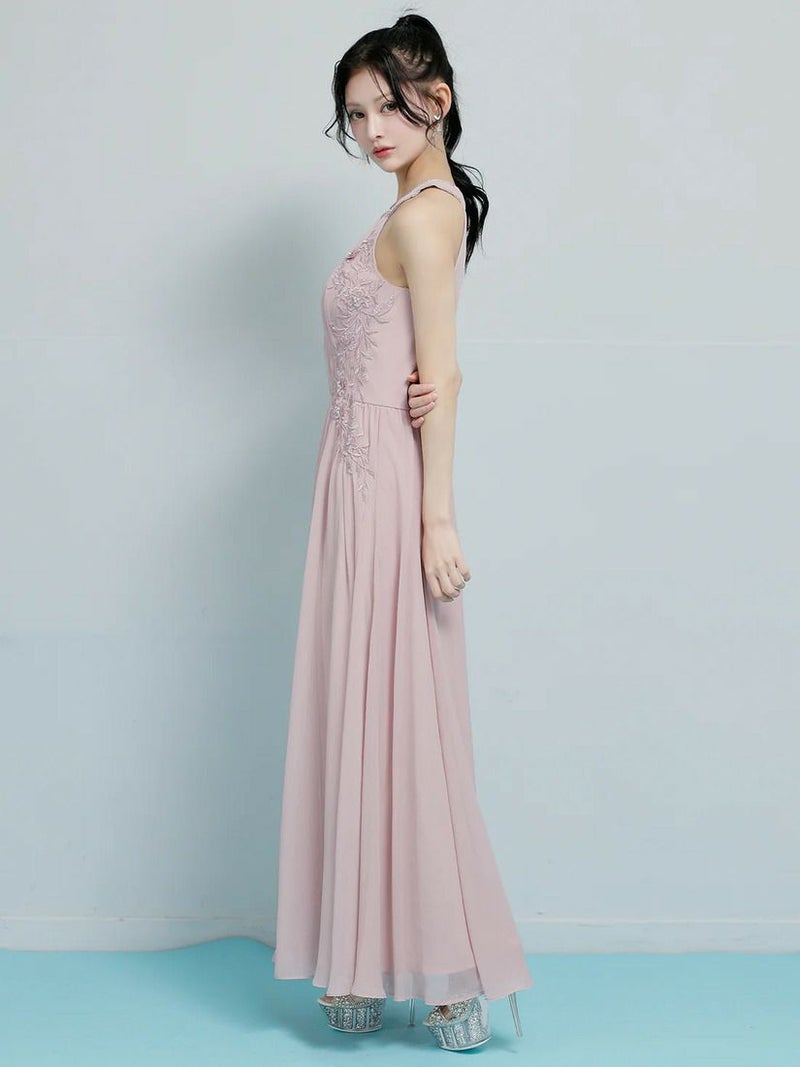 AngelR エンジェルアール ホルターネックフラワーレースリボンプリーツビジューフレアミモレ丈ロングドレス ar26807-ks