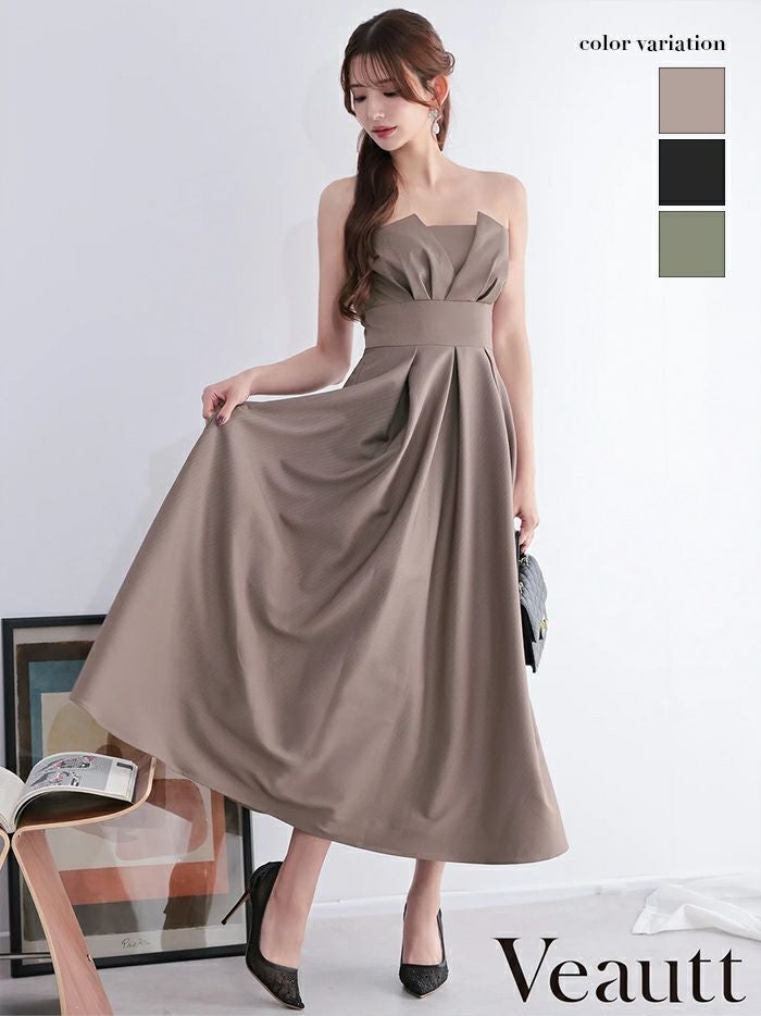 Veautt ヴュート べアトップバストタックウエストマークプリーツフレアミモレ丈ミディアムドレス  vt082602