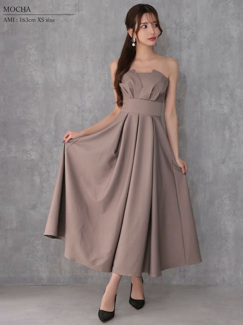 Veautt ヴュート べアトップバストタックウエストマークプリーツフレアミモレ丈ミディアムドレス  vt082602