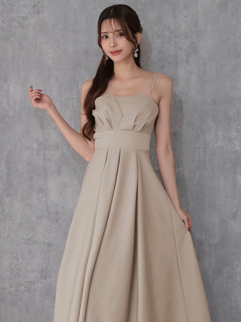 Veautt ヴュート べアトップバストタックウエストマークプリーツフレアミモレ丈ミディアムドレス  vt082602