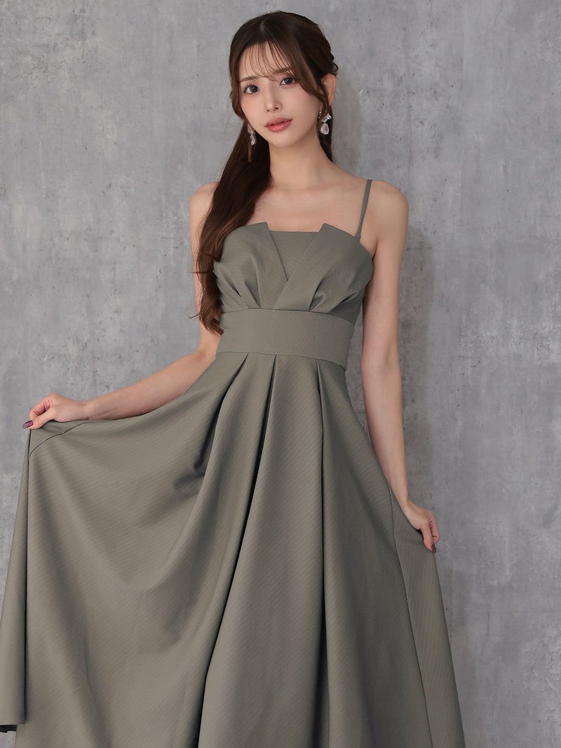 Veautt ヴュート べアトップバストタックウエストマークプリーツフレアミモレ丈ミディアムドレス  vt082602