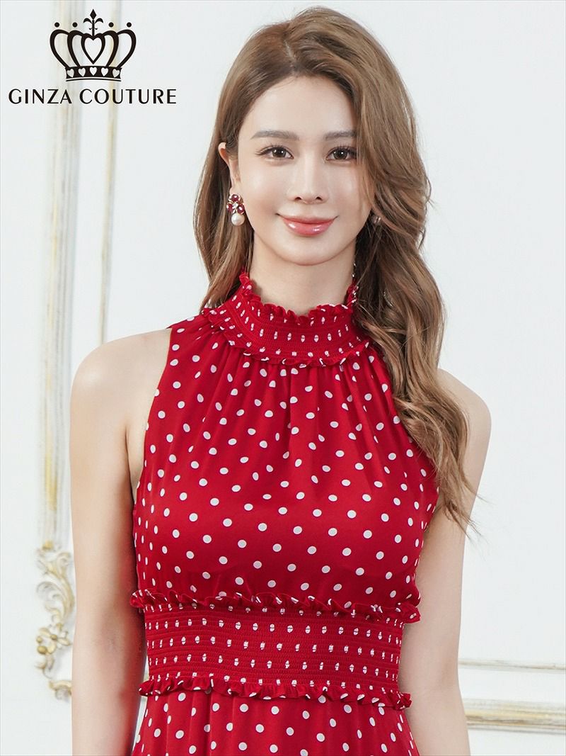 ERUKEI エルケイ ドット・首元フリル・ウエストマーク・マキシ・アメリカンスリーブ・Aライン・ロングドレス ek-c26165