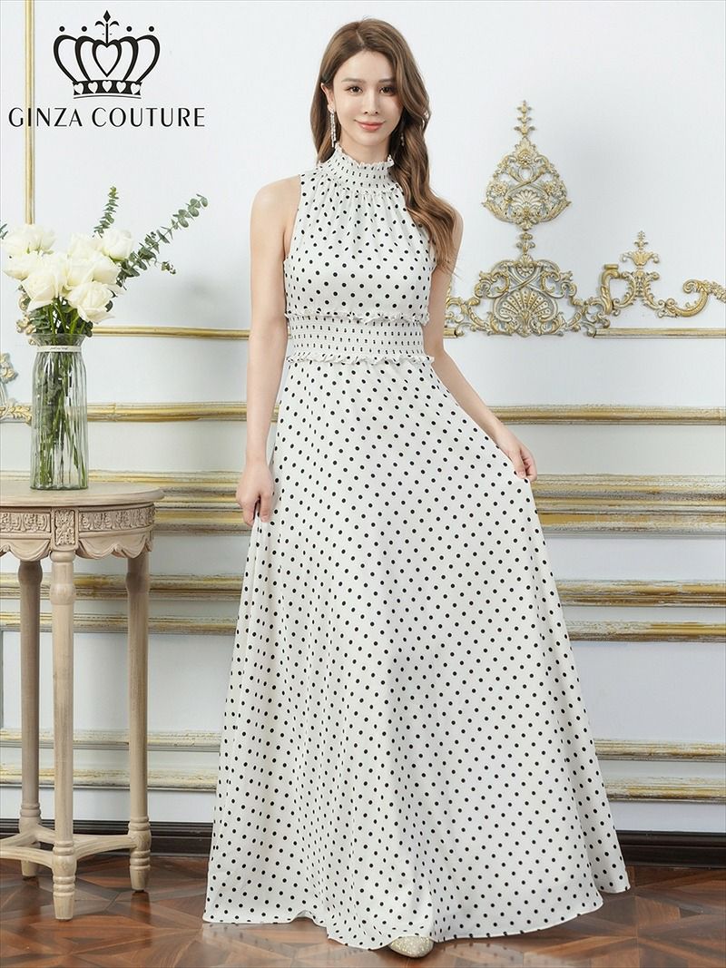 ERUKEI エルケイ ドット・首元フリル・ウエストマーク・マキシ・アメリカンスリーブ・Aライン・ロングドレス ek-c26165