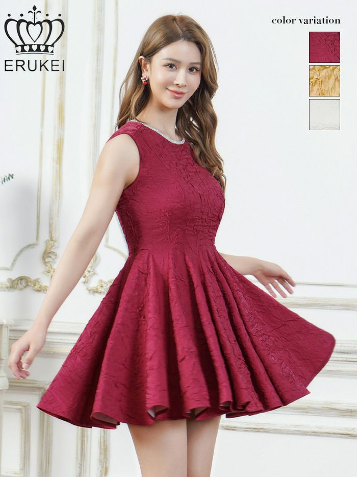 ERUKEI エルケイ ワンカラー・シャイニーサテン・シワ加工・ネックビジュー・シンプル・ノースリーブ・フレア・Aライン・ミニドレス・ワンピース ek-e25195