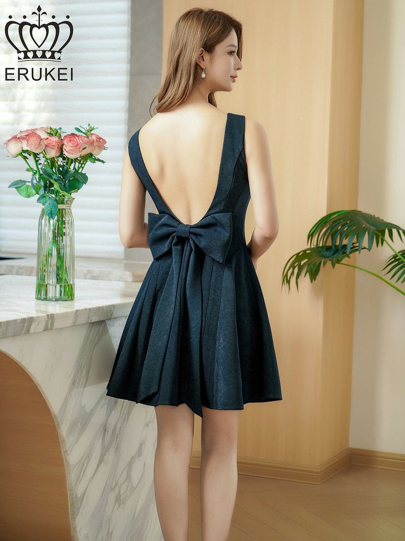 ERUKEI エルケイ ワンカラー・リボン・背中見せ・Aライン・フレア・ミニドレス・ワンピース ek-e25316
