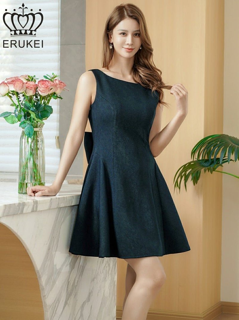 ERUKEI エルケイ ワンカラー・リボン・背中見せ・Aライン・フレア・ミニドレス・ワンピース ek-e25316