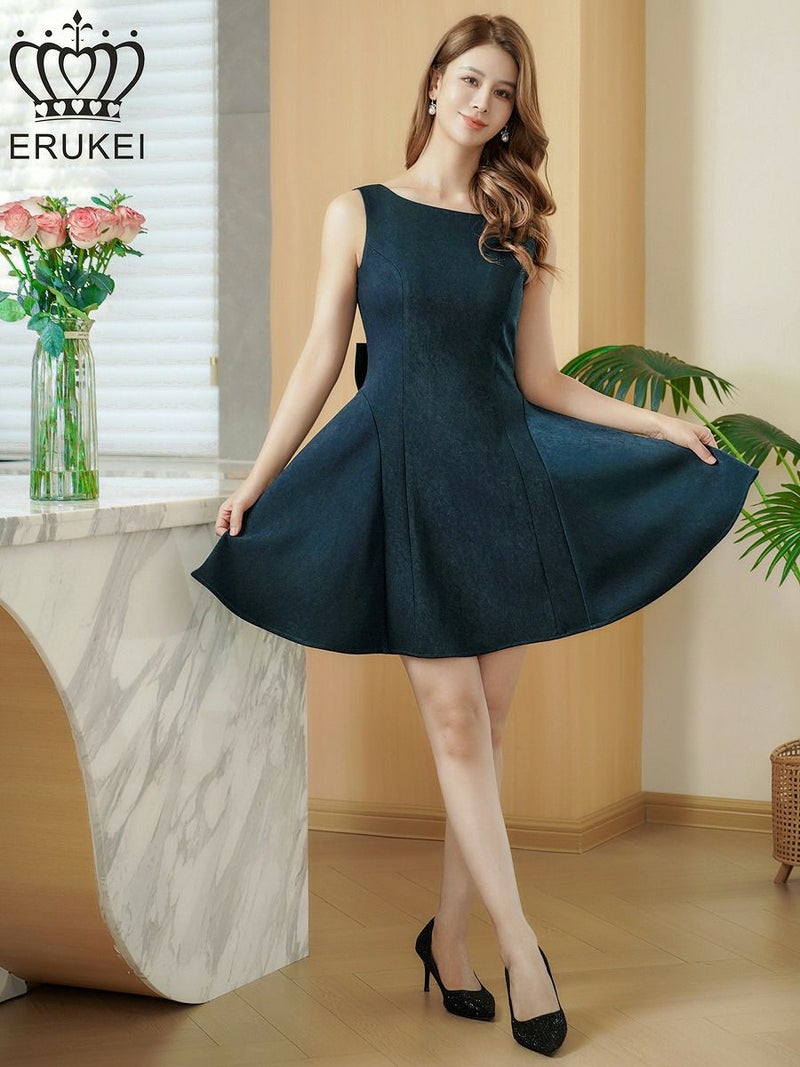 ERUKEI エルケイ ワンカラー・リボン・背中見せ・Aライン・フレア・ミニドレス・ワンピース ek-e25316