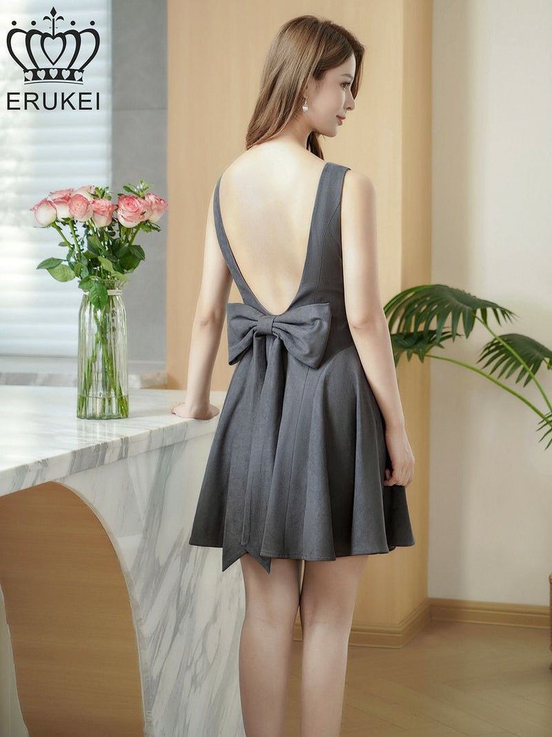 ERUKEI エルケイ ワンカラー・リボン・背中見せ・Aライン・フレア・ミニドレス・ワンピース ek-e25316