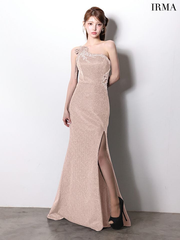 IRMA イルマ ワンショル/リボンショルダー/ウエストシアー/ビジュー刺繍/スリット入り/タイト ロングドレス ir61028-c