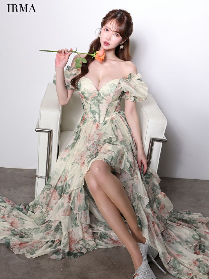 IRMA イルマ BotanicalFlower/花柄/パフスリーブ/アシンメトリースリット/シフォン/姫/ロングドレス ir61059