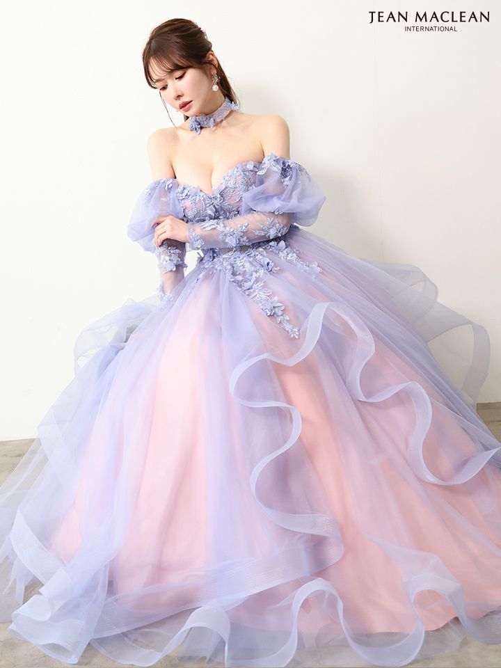 JEAN MACLEAN ジャンマクレーン グラデーション/立体フラワーモチーフ/チョーカー付き/オフショル/姫/ロングドレス【袖取り外し可能】 ja61066