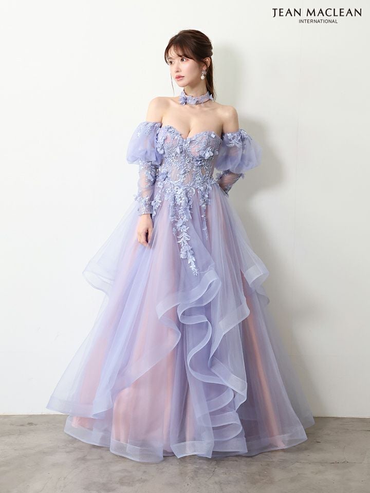 JEAN MACLEAN ジャンマクレーン グラデーション/立体フラワーモチーフ/チョーカー付き/オフショル/姫/ロングドレス【袖取り外し可能】 ja61066