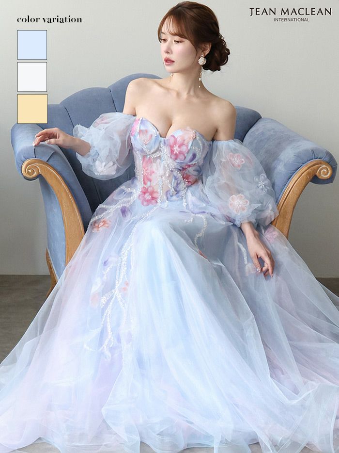 JEAN MACLEAN ジャンマクレーン WaterFlower/花柄/コントラストカラー/パフスリーブ付き/姫/ロングドレス ja61065