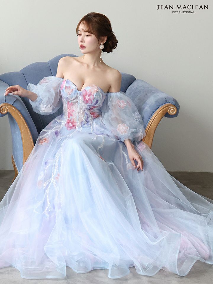 JEAN MACLEAN ジャンマクレーン WaterFlower/花柄/コントラストカラー/パフスリーブ付き/姫/ロングドレス ja61065