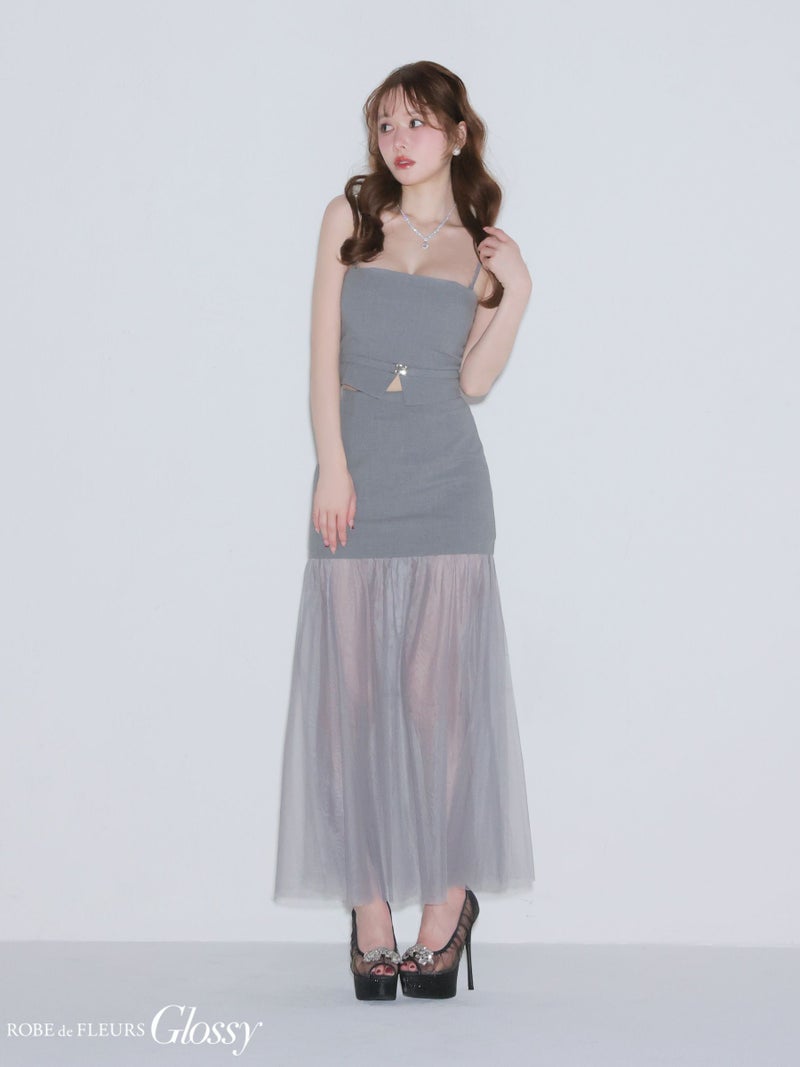 Glossy ローブドフルールグロッシー 【XSサイズあり】シアーチュールドッキングセットアップロングキャバドレス gl3489