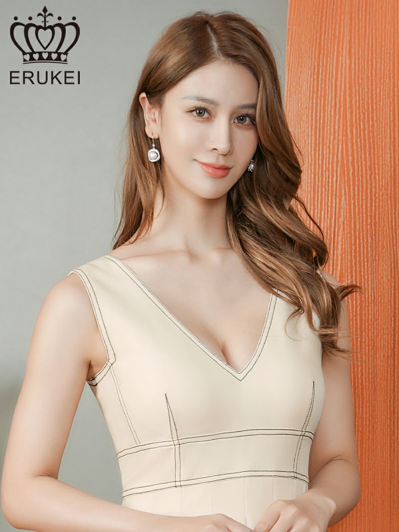 ERUKEI エルケイ ワンカラー・ステッチ・Vネック・ノースリーブ・プリーツ・Aライン・ミニドレス・ワンピース ek-e25116